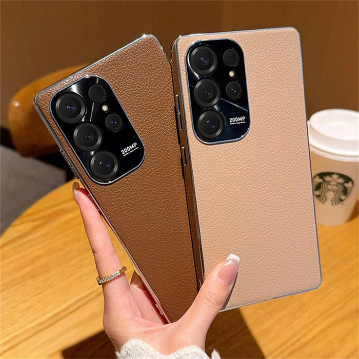 For Samsung Galaxy S25 Ultra Case Electroplating Edge Litchi Texture Leather + PC Phone Cover - Pink Coffee - 6