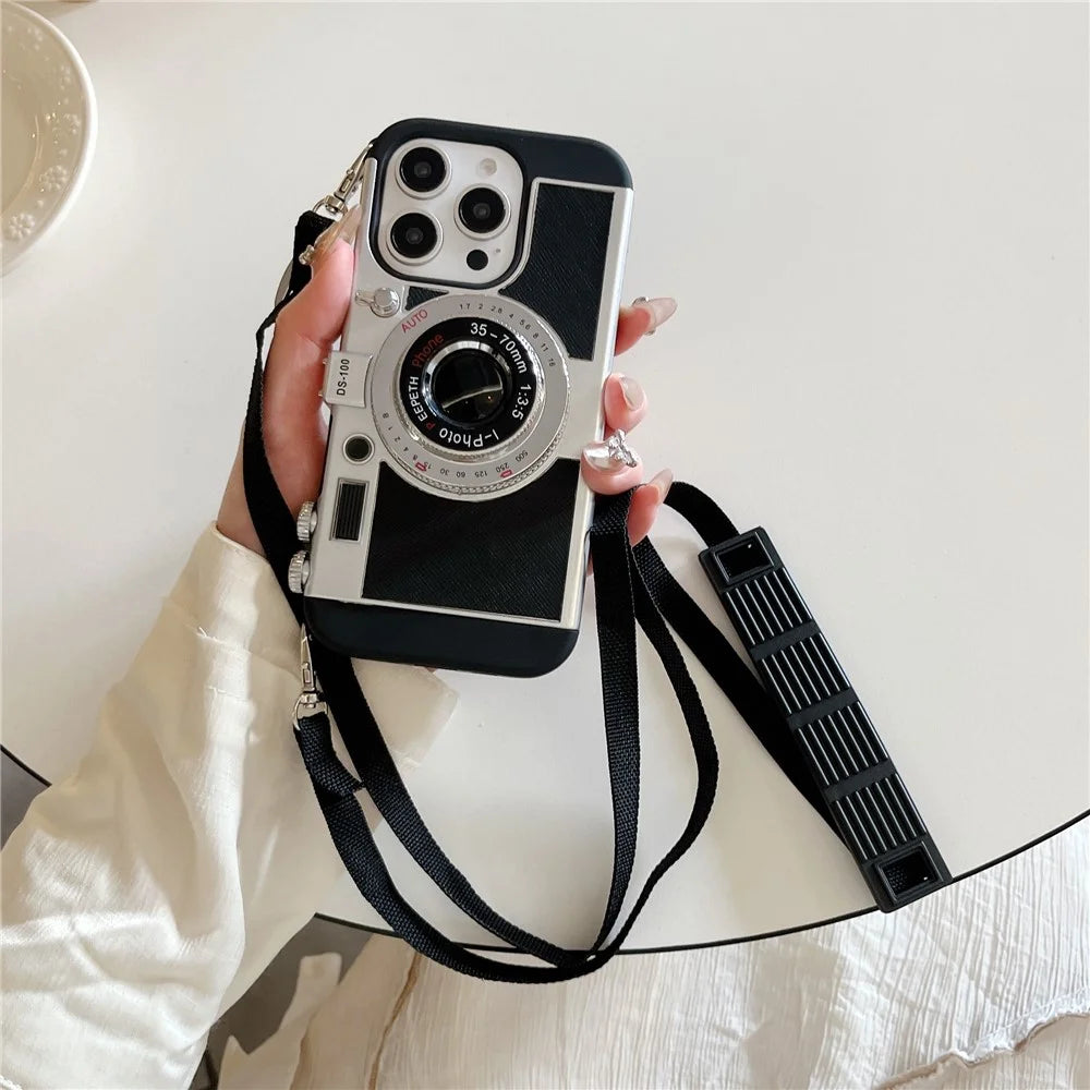 For iPhone 14 Pro Case Vintage Style Camera Design Phone Cover with Crossbody Strap - 4