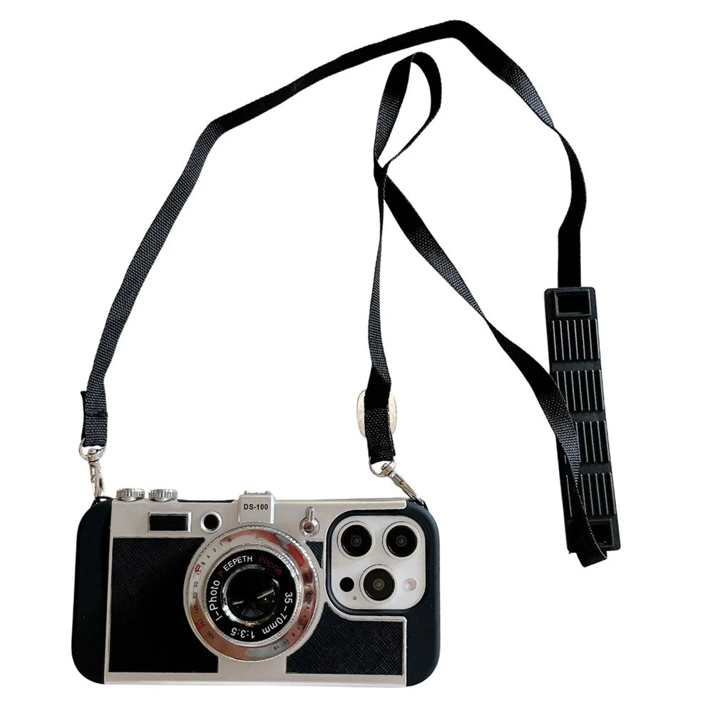 For iPhone 14 Pro Max Case Vintage Style Camera Design Phone Cover with Crossbody Strap - 1