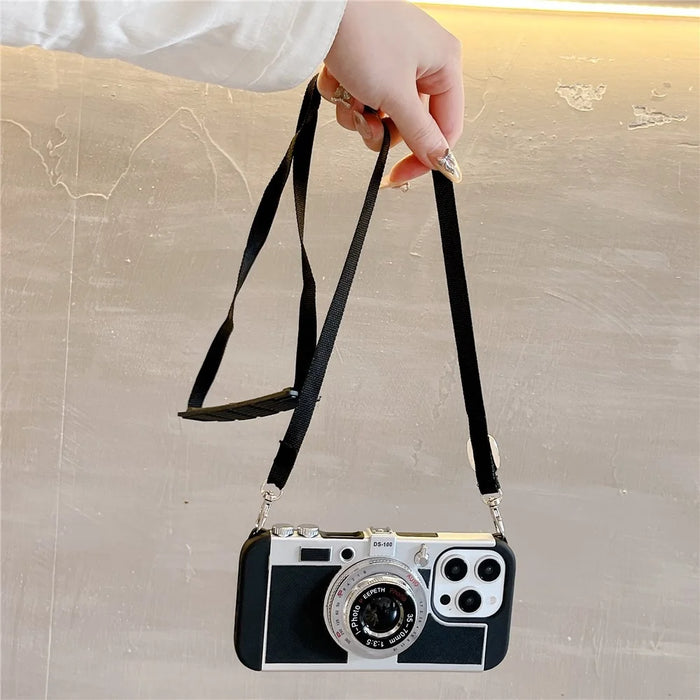For iPhone 14 Pro Max Case Vintage Style Camera Design Phone Cover with Crossbody Strap - 2
