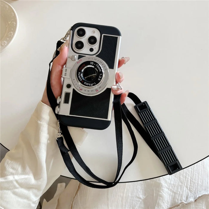 For iPhone 14 Pro Max Case Vintage Style Camera Design Phone Cover with Crossbody Strap - 4