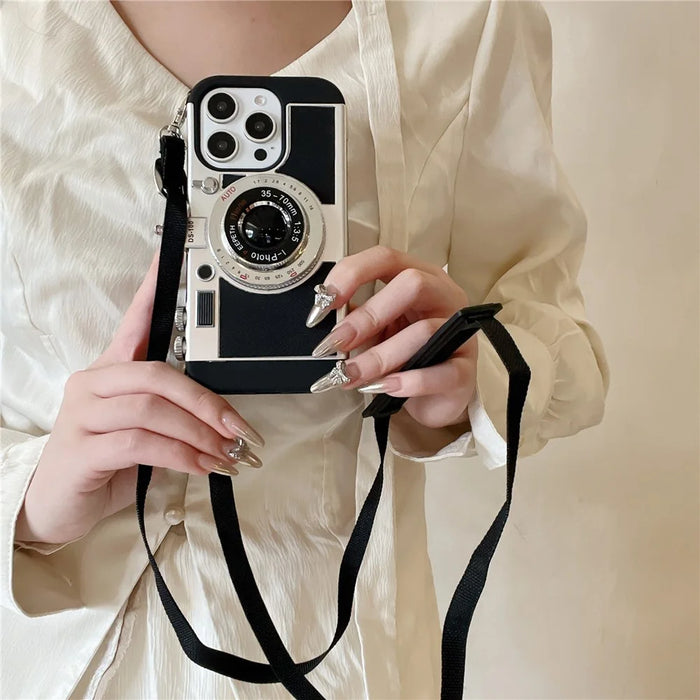 For iPhone 15 Pro Max Case Vintage Style Camera Design Phone Cover with Crossbody Strap - 3