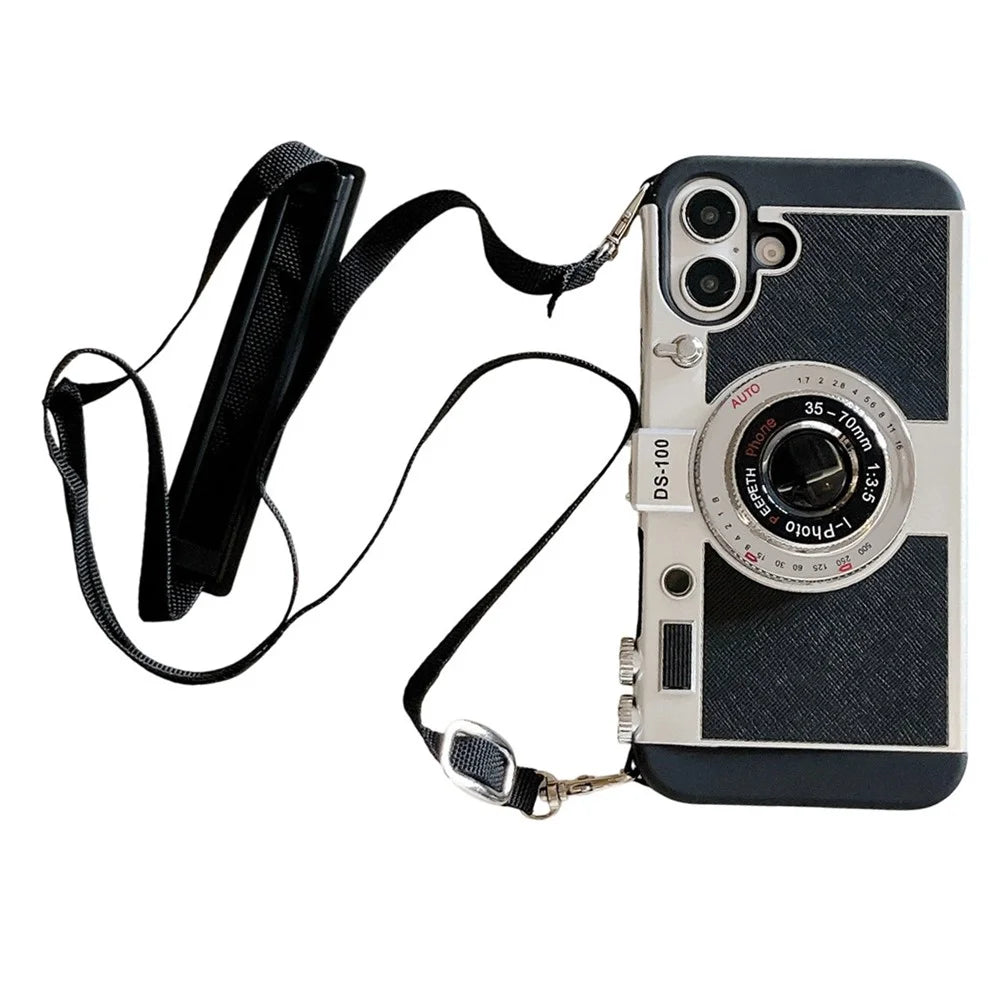 For iPhone 16 Case Vintage Style Camera Design Phone Cover with Crossbody Strap - 1