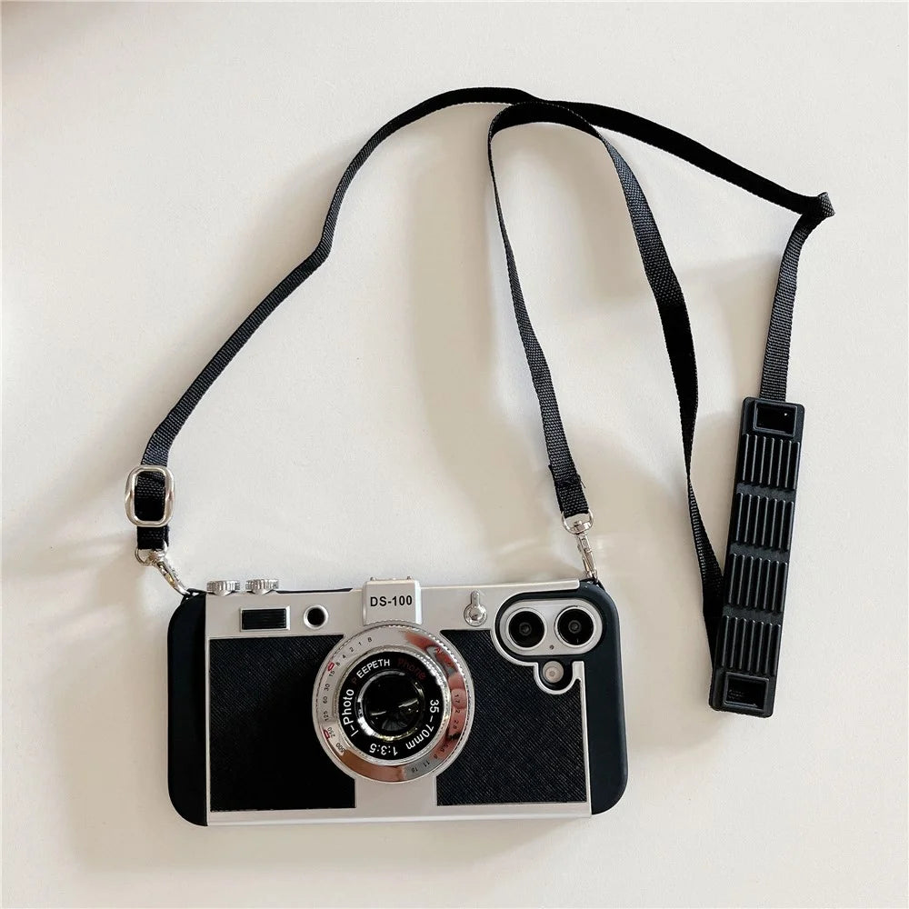 For iPhone 16 Case Vintage Style Camera Design Phone Cover with Crossbody Strap - 2