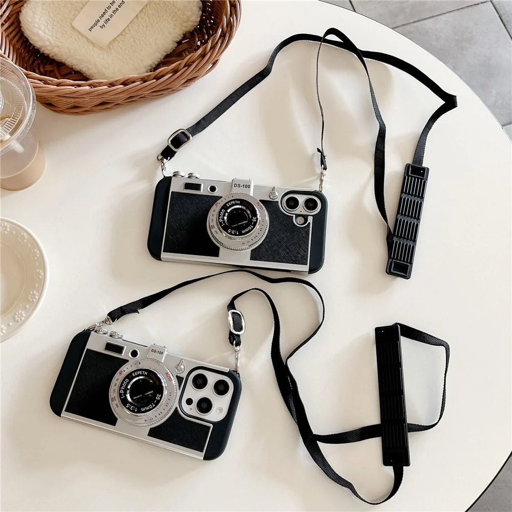 For iPhone 16 Case Vintage Style Camera Design Phone Cover with Crossbody Strap - 3