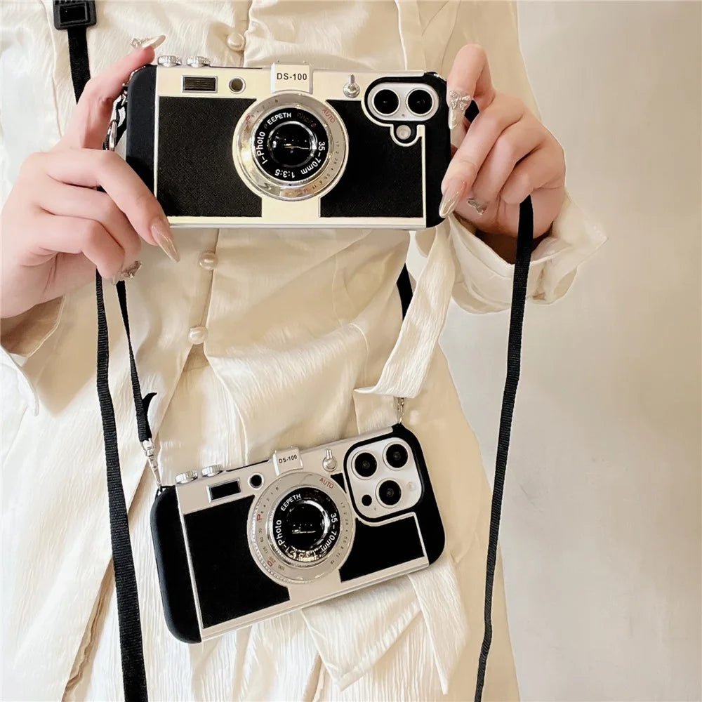 For iPhone 16 Case Vintage Style Camera Design Phone Cover with Crossbody Strap - 5