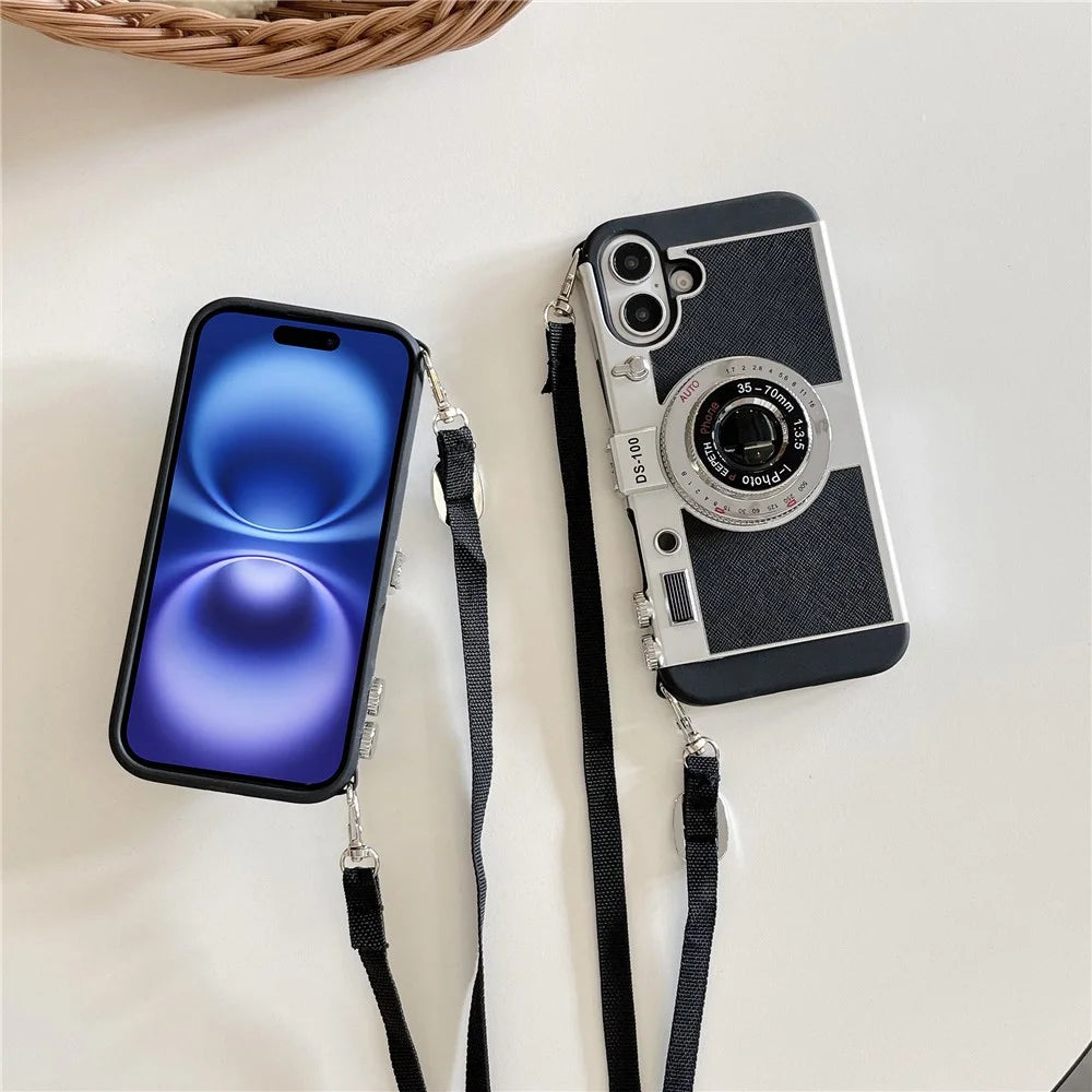 For iPhone 16 Case Vintage Style Camera Design Phone Cover with Crossbody Strap - 6