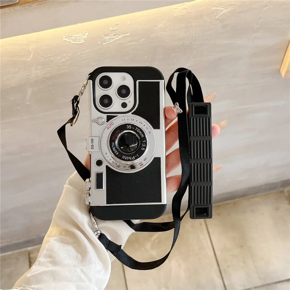 For iPhone 16 Pro Case Vintage Style Camera Design Phone Cover with Crossbody Strap - 5