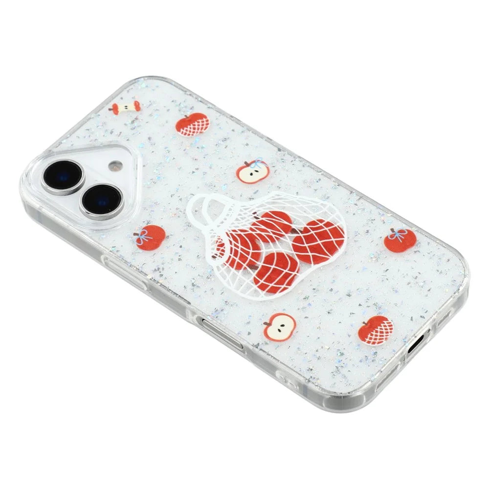 For iPhone 16 Case Shiny IMD TPU + Acrylic Phone Cover Large Camera Cutout - Painted Apples - 6