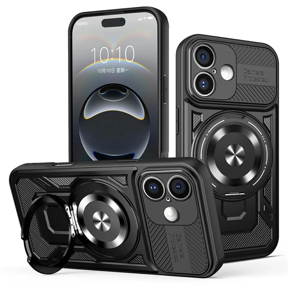 For iPhone 16 Magnetic Case Rotating Kickstand TPU + PC Phone Cover - Black - 1