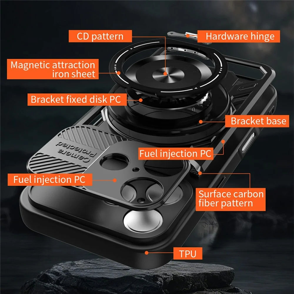 For iPhone 16 Magnetic Case Rotating Kickstand TPU + PC Phone Cover - Black - 6