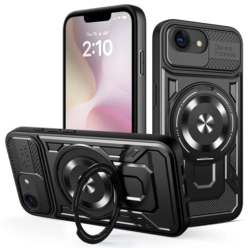 For iPhone 17e / 16e Magnetic Case Rotating Kickstand TPU + PC Phone Cover - Black - 1