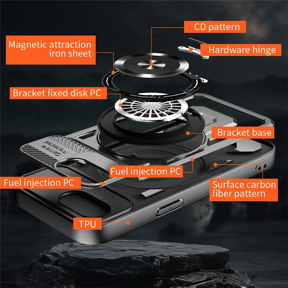 For iPhone 17e / 16e Magnetic Case Rotating Kickstand TPU + PC Phone Cover - Black - 6