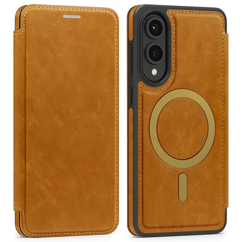 For Samsung Galaxy S25 Edge Magnetic Case RFID Blocking Card Holder Leather Phone Cover - Brown - 1