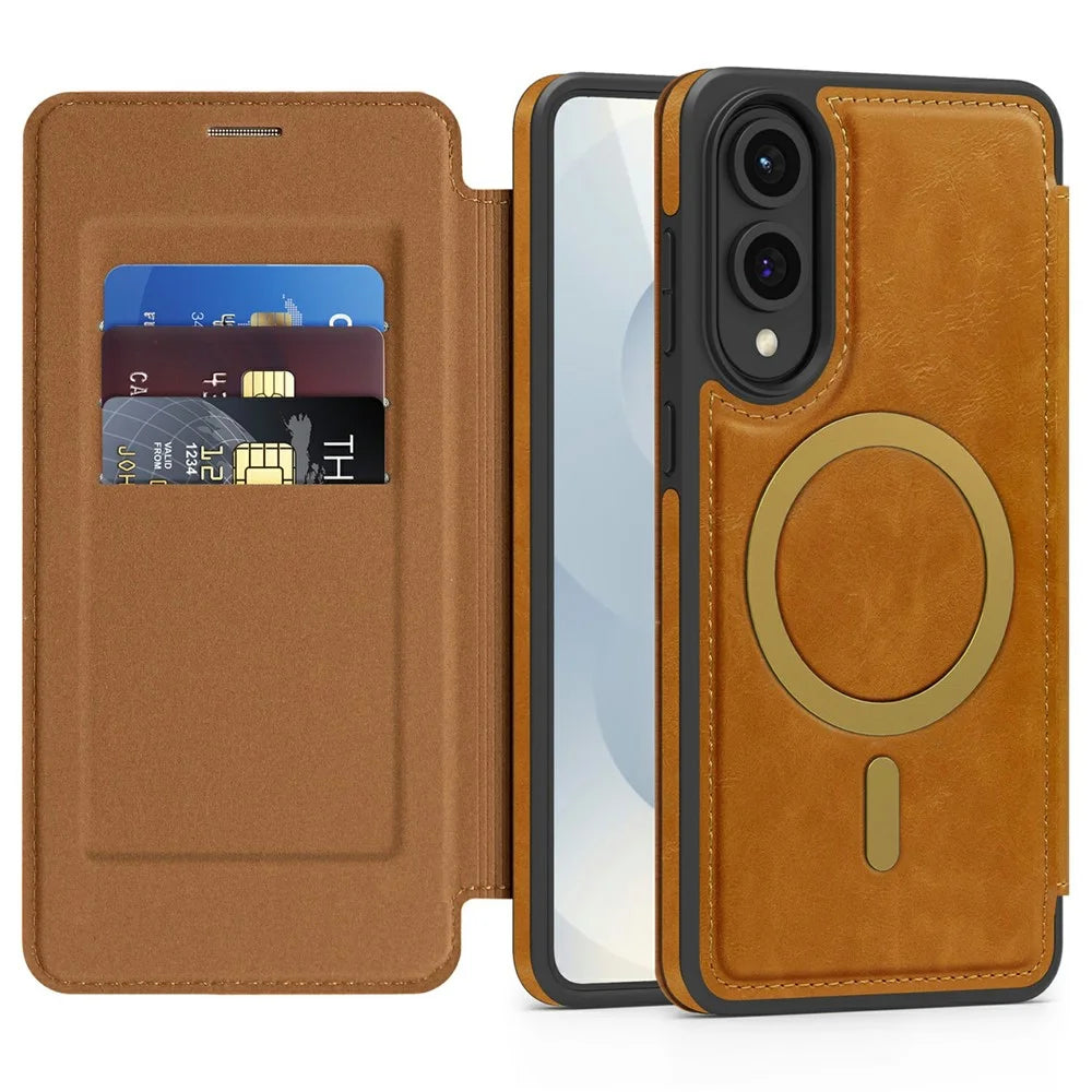 For Samsung Galaxy S25 Edge Magnetic Case RFID Blocking Card Holder Leather Phone Cover - Brown - 2