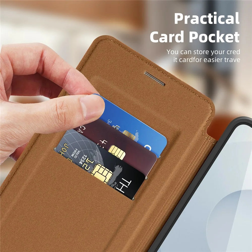 For Samsung Galaxy S25 Edge Magnetic Case RFID Blocking Card Holder Leather Phone Cover - Brown - 3