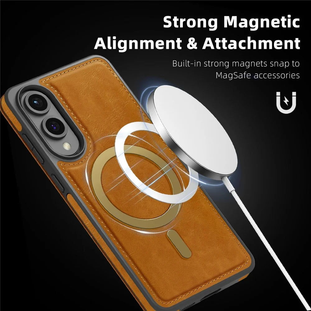For Samsung Galaxy S25 Edge Magnetic Case RFID Blocking Card Holder Leather Phone Cover - Brown - 4