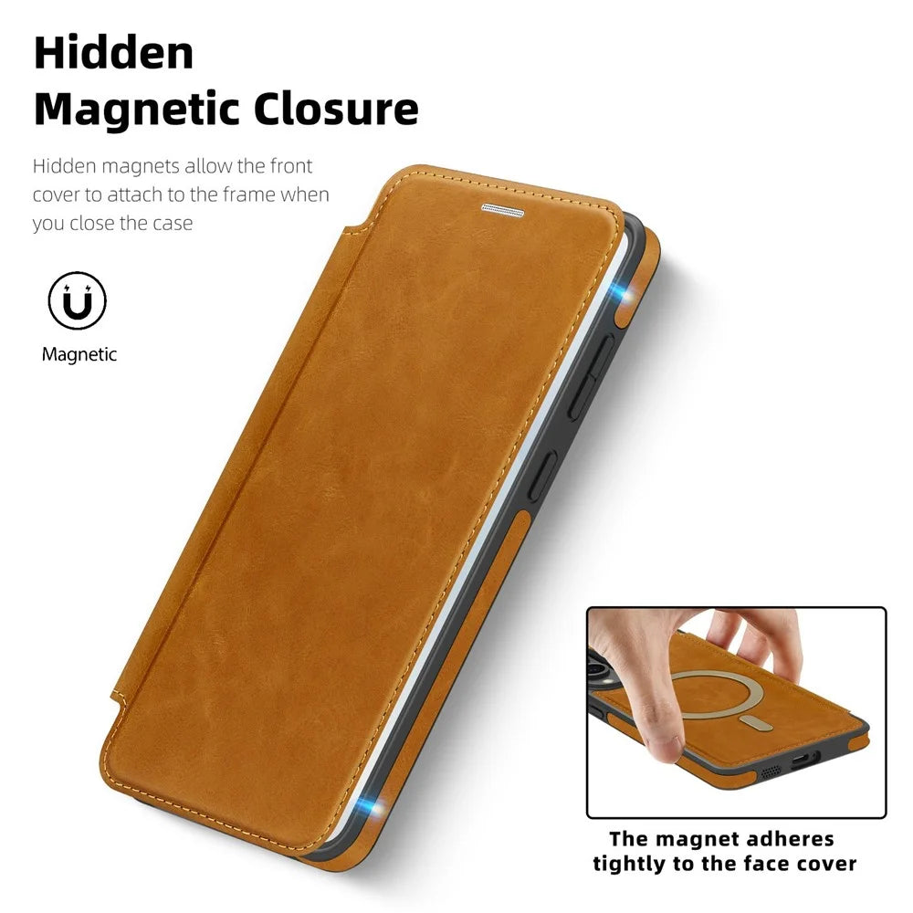 For Samsung Galaxy S25 Edge Magnetic Case RFID Blocking Card Holder Leather Phone Cover - Brown - 5