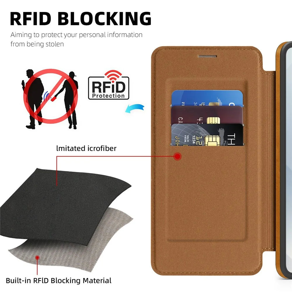 For Samsung Galaxy S25 Edge Magnetic Case RFID Blocking Card Holder Leather Phone Cover - Brown - 6