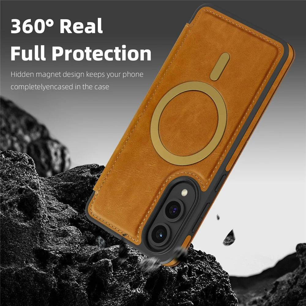 For Samsung Galaxy S25 Edge Magnetic Case RFID Blocking Card Holder Leather Phone Cover - Brown - 7