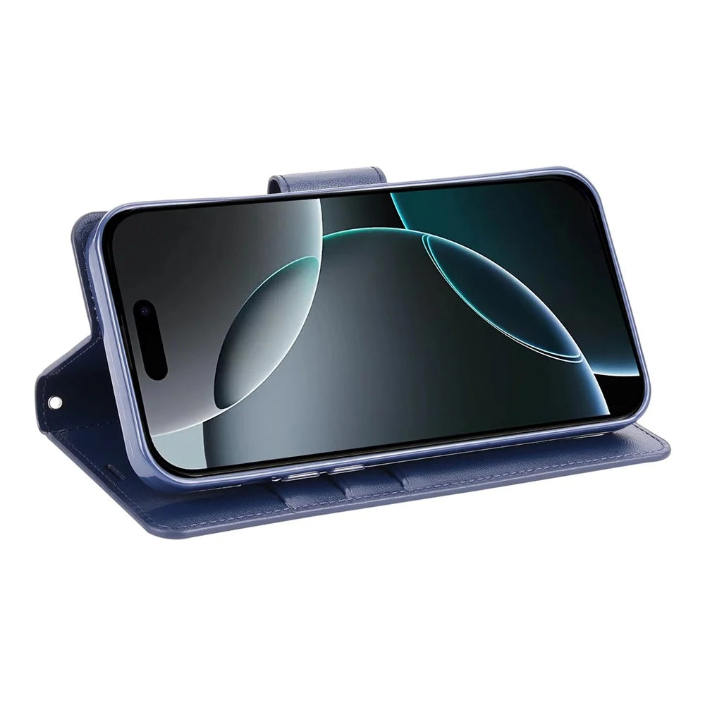 HANMAN Mill Series for iPhone 16 Pro Max Case Wallet Stand PU Leather Phone Cover - Sapphire - 2