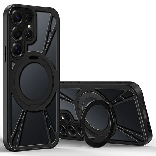 For Samsung Galaxy S24 Ultra Case Magnetic Kickstand Hollow Heat Dissipation Silicone + PC + Metal Bumper Phone Cover - Black - 1