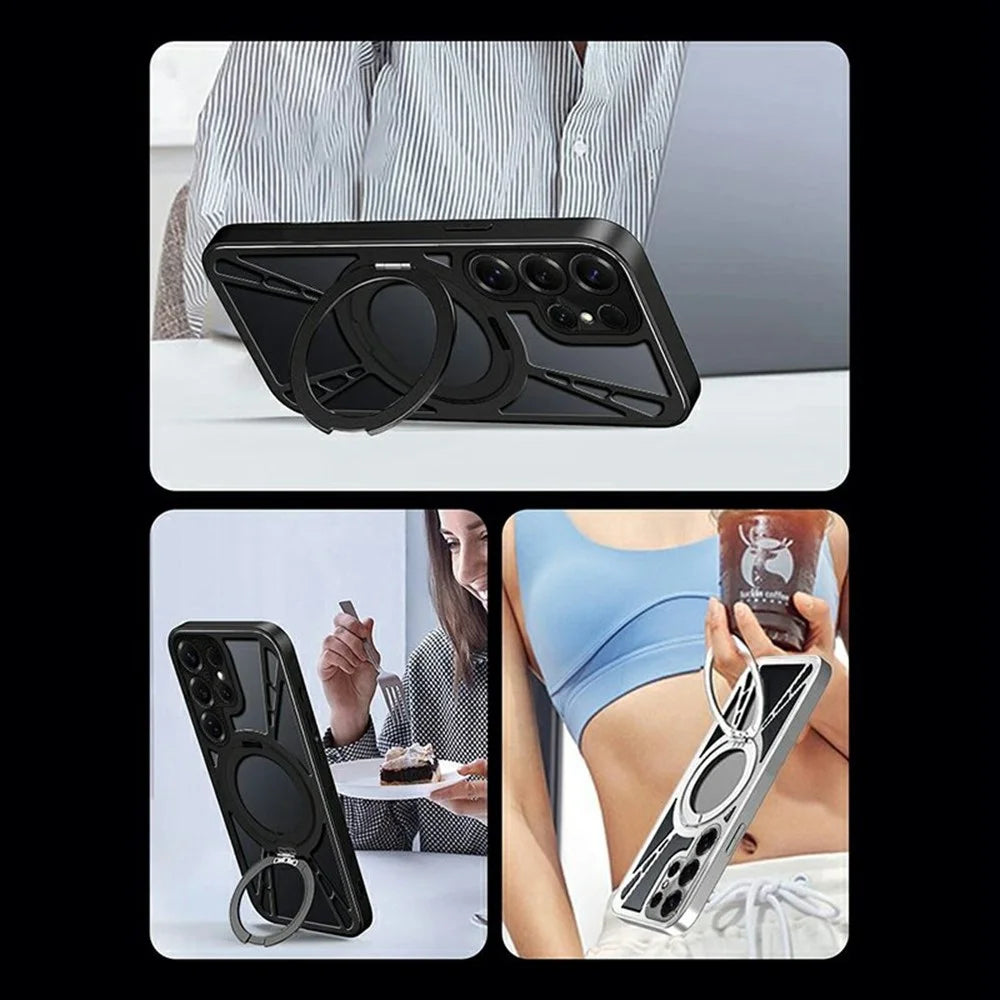 For Samsung Galaxy S24 Ultra Case Magnetic Kickstand Hollow Heat Dissipation Silicone + PC + Metal Bumper Phone Cover - Black - 2