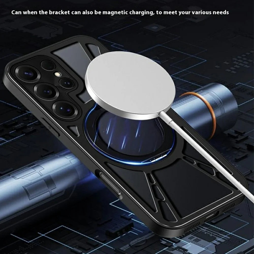 For Samsung Galaxy S23 Ultra Case Magnetic Kickstand Hollow Heat Dissipation Silicone + PC + Metal Bumper Phone Cover - Black - 3