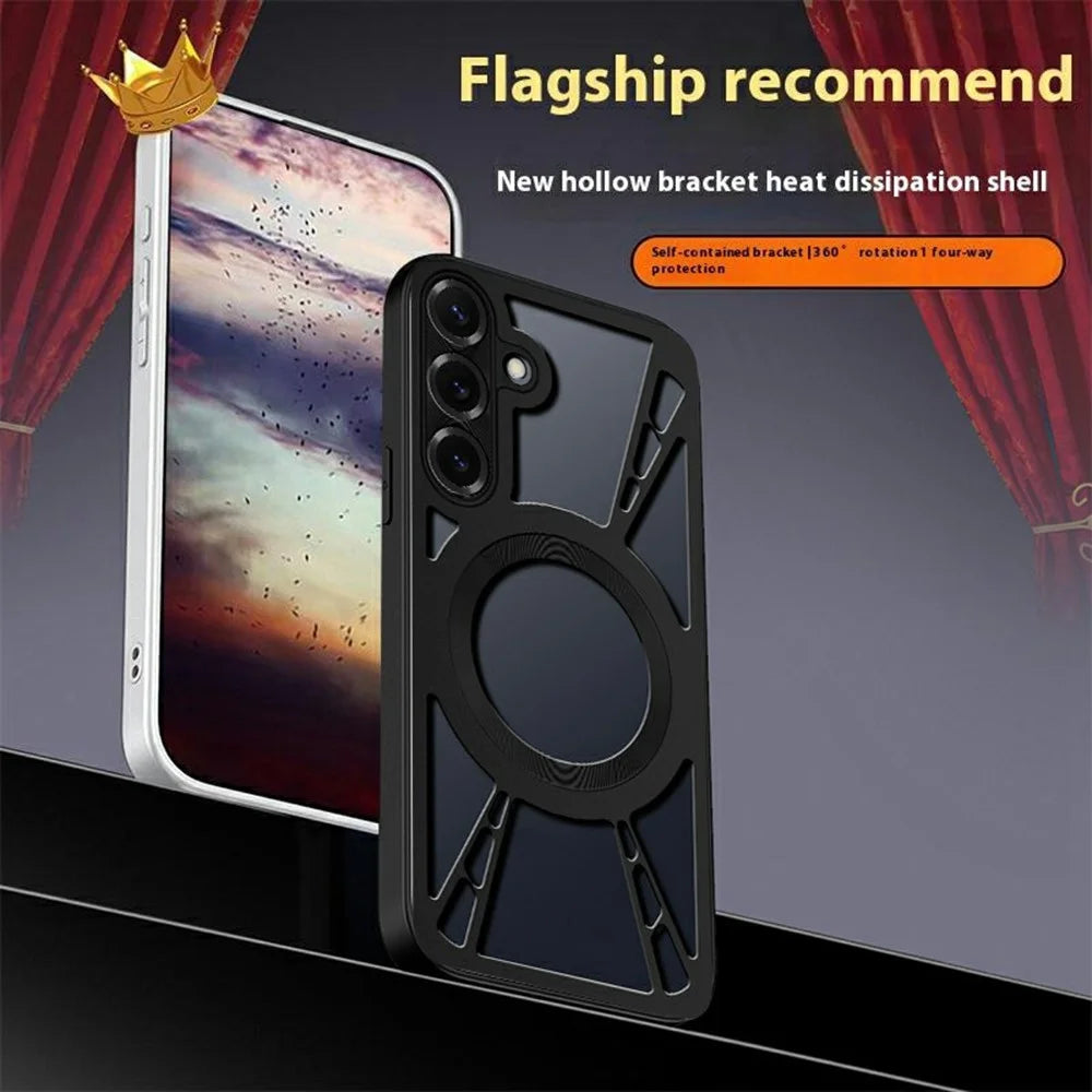 For Samsung Galaxy S24 Case Magnetic Hollow Heat Dissipation Silicone + PC + Metal Bumper Phone Cover - Black - 3