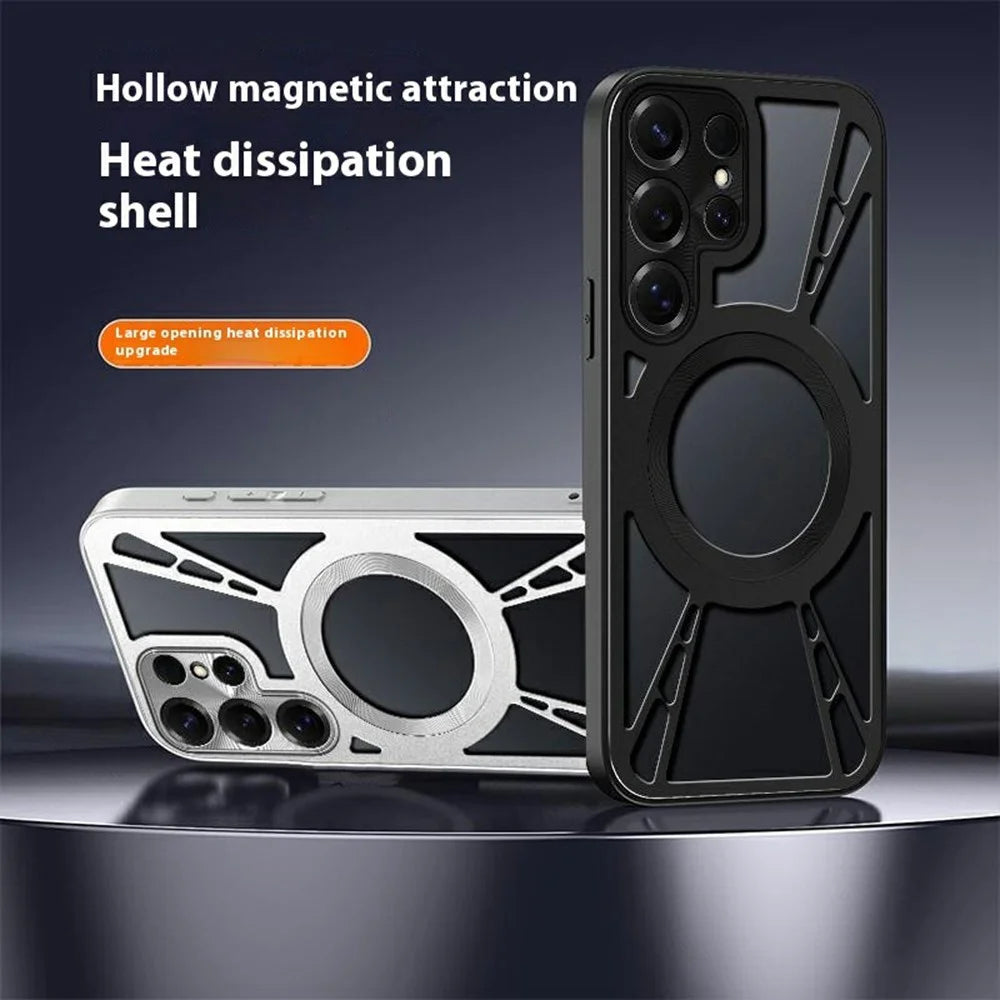For Samsung Galaxy S24 Ultra Case Magnetic Hollow Heat Dissipation Silicone + PC + Metal Bumper Phone Cover - Black - 2