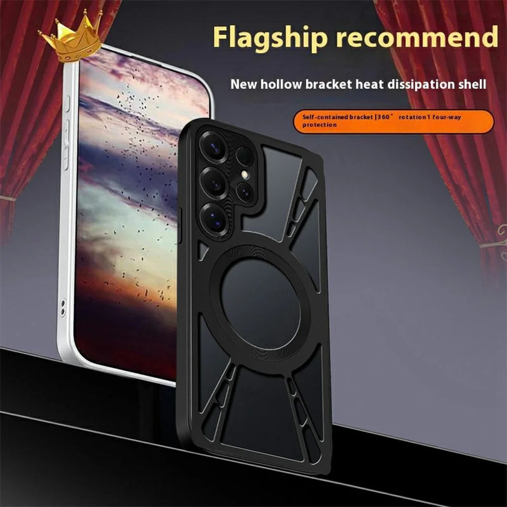 For Samsung Galaxy S25 Ultra Case Magnetic Hollow Heat Dissipation Silicone + PC + Metal Bumper Phone Cover - Black - 3