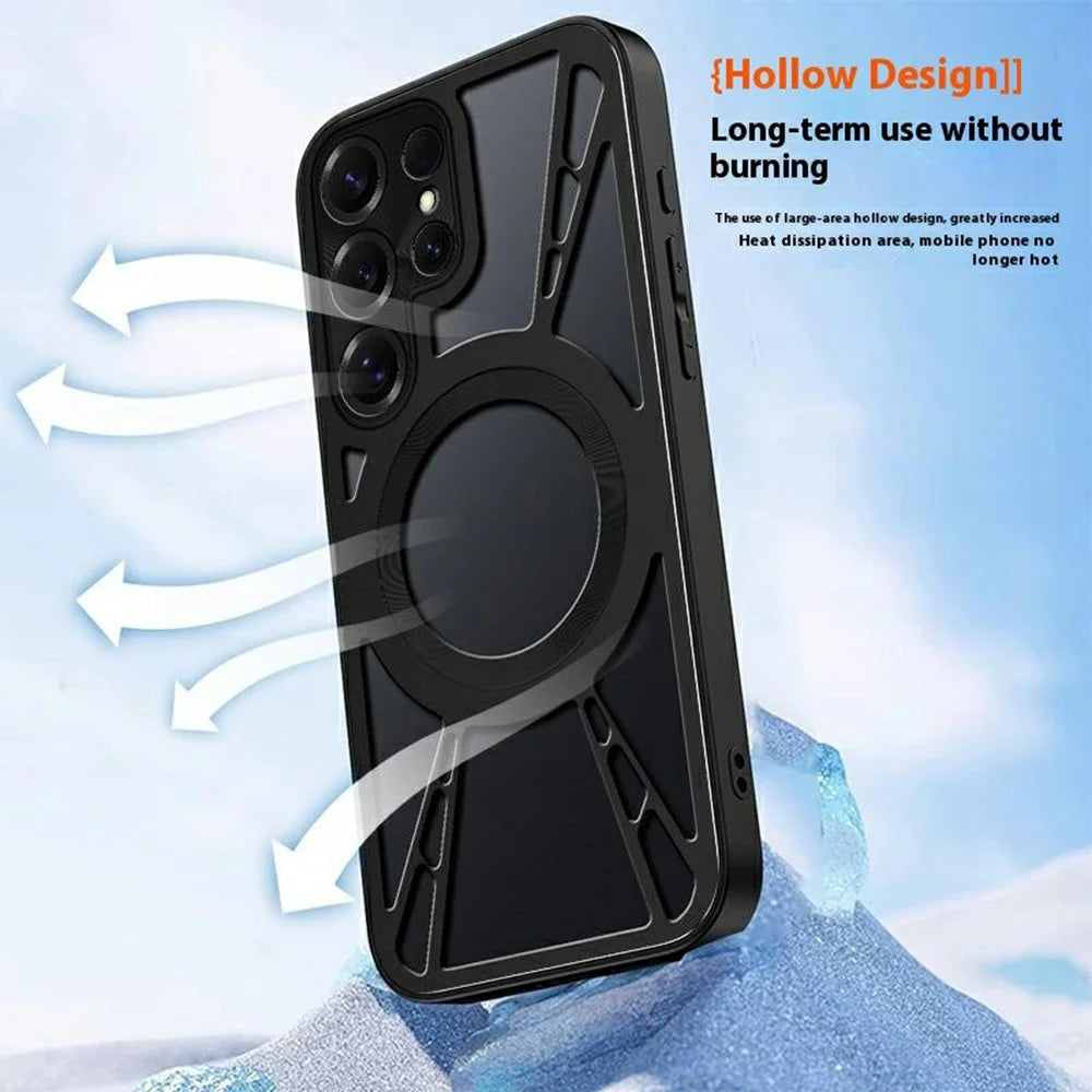 For Samsung Galaxy S25 Ultra Case Magnetic Hollow Heat Dissipation Silicone + PC + Metal Bumper Phone Cover - Black - 5