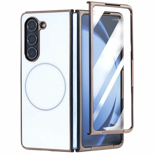 For Samsung Galaxy Fold6 5G Magnetic Case Electroplated Matte PC Phone Cover with HD Screen Film - White - 1