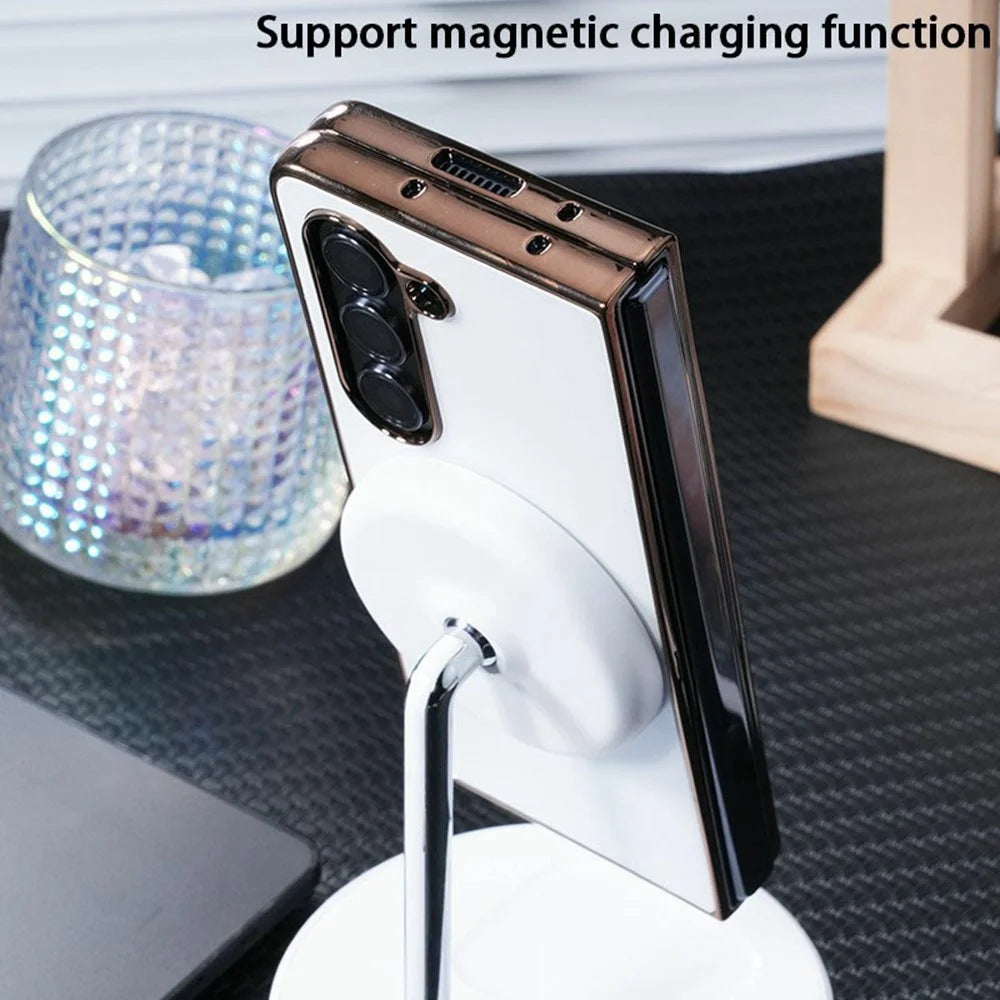 For Samsung Galaxy Fold6 5G Magnetic Case Electroplated Matte PC Phone Cover with HD Screen Film - White - 3