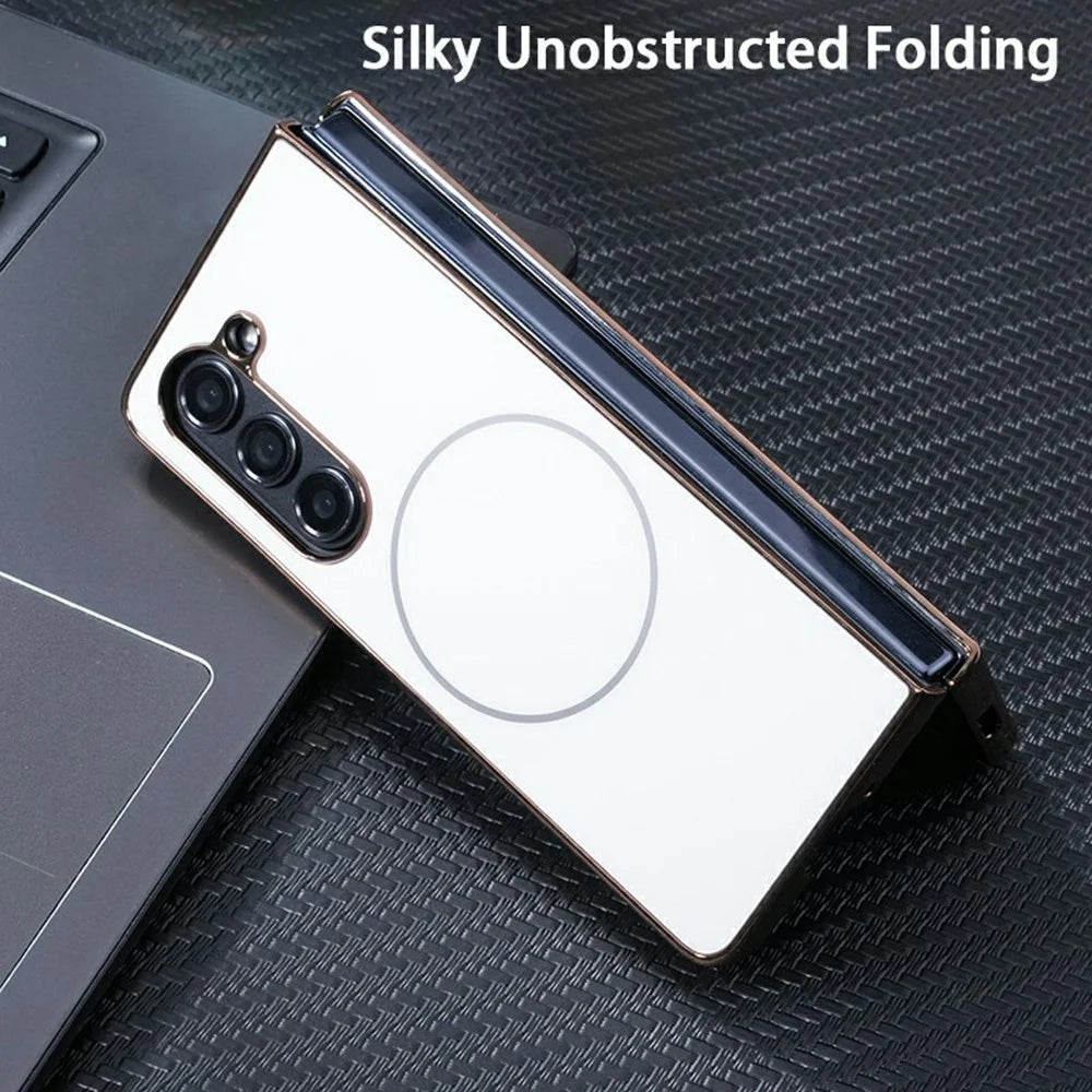 For Samsung Galaxy Fold6 5G Magnetic Case Electroplated Matte PC Phone Cover with HD Screen Film - White - 4