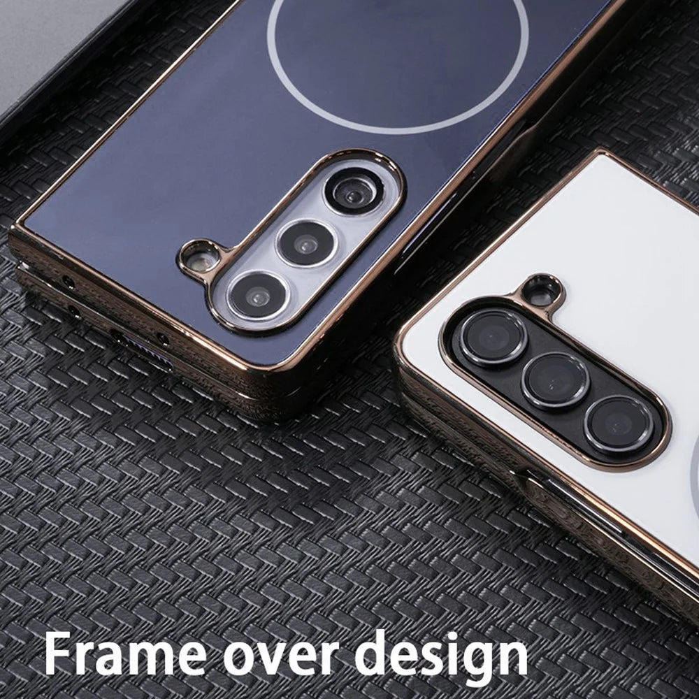 For Samsung Galaxy Fold6 5G Magnetic Case Electroplated Matte PC Phone Cover with HD Screen Film - White - 6