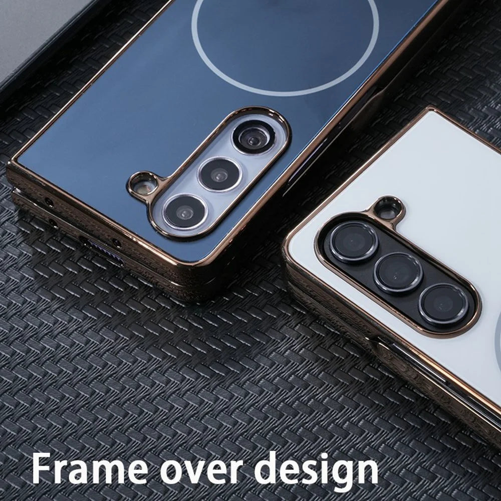 For Samsung Galaxy Z Fold5 5G Magnetic Case Electroplated Matte PC Phone Cover with HD Screen Film - White - 6