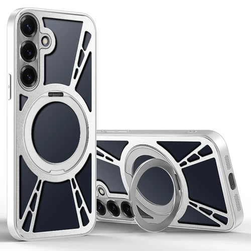 For Samsung Galaxy S25 Case Magnetic Kickstand Hollow Heat Dissipation Silicone + PC + Metal Bumper Phone Cover - Silver - 1
