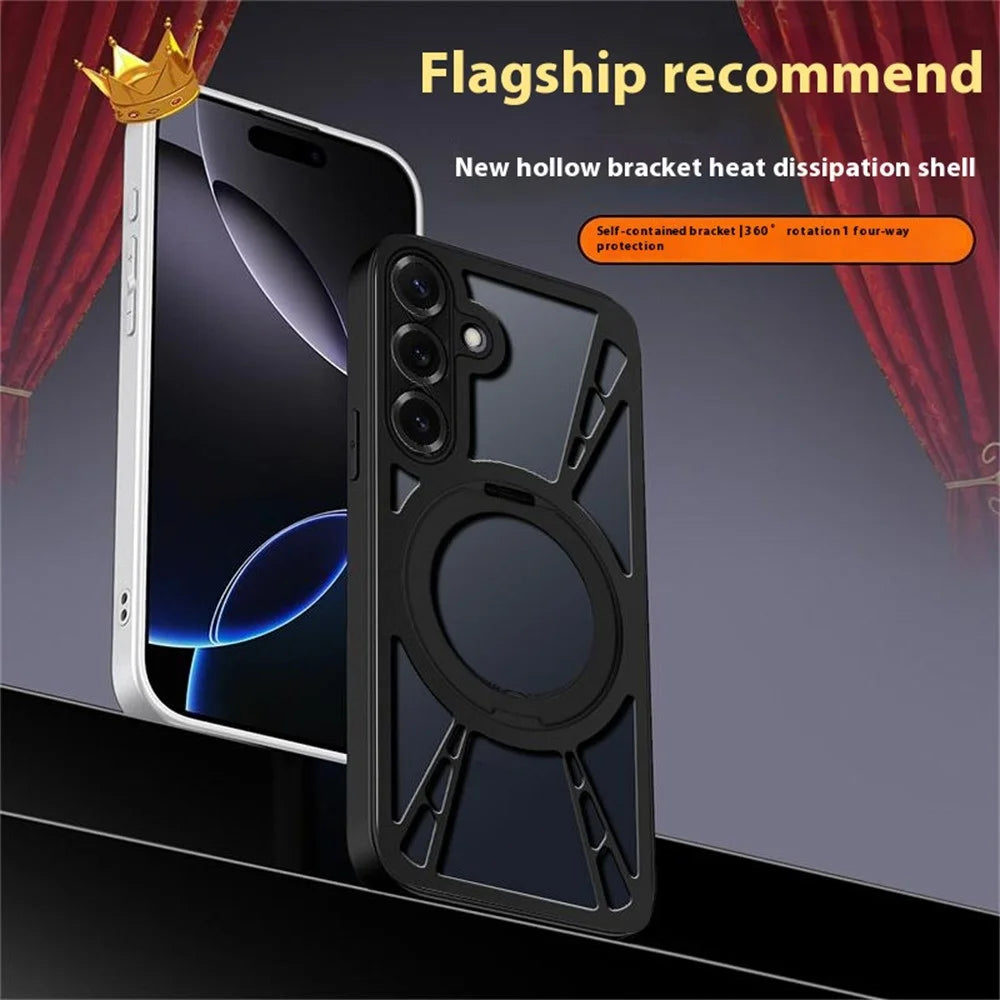 For Samsung Galaxy S24 Case Magnetic Kickstand Hollow Heat Dissipation Silicone + PC + Metal Bumper Phone Cover - Silver - 3