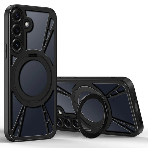 For Samsung Galaxy S24+ Case Magnetic Kickstand Hollow Heat Dissipation Silicone + PC + Metal Bumper Phone Cover - Black - 1