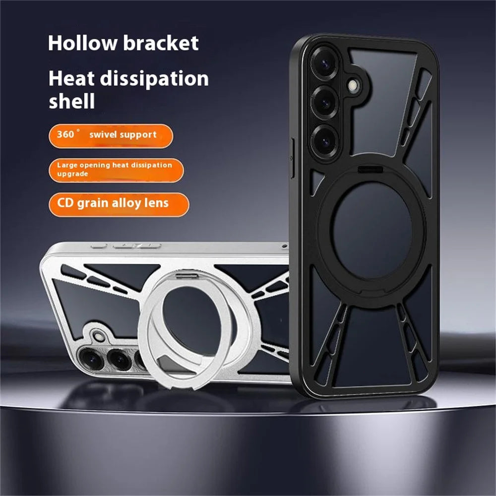For Samsung Galaxy S24+ Case Magnetic Kickstand Hollow Heat Dissipation Silicone + PC + Metal Bumper Phone Cover - Black - 2