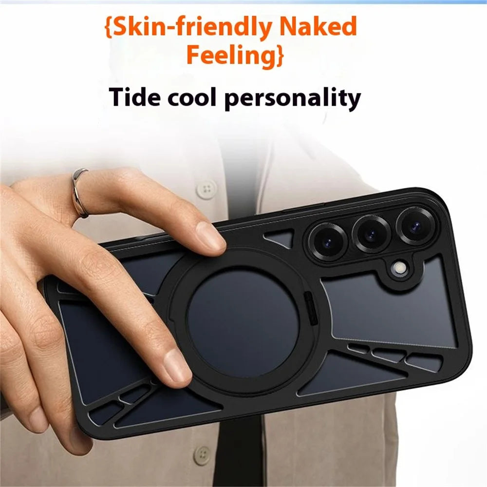 For Samsung Galaxy S24+ Case Magnetic Kickstand Hollow Heat Dissipation Silicone + PC + Metal Bumper Phone Cover - Black - 5