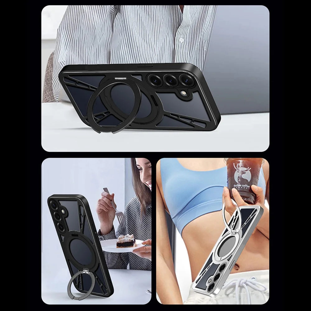 For Samsung Galaxy S24+ Case Magnetic Kickstand Hollow Heat Dissipation Silicone + PC + Metal Bumper Phone Cover - Black - 6