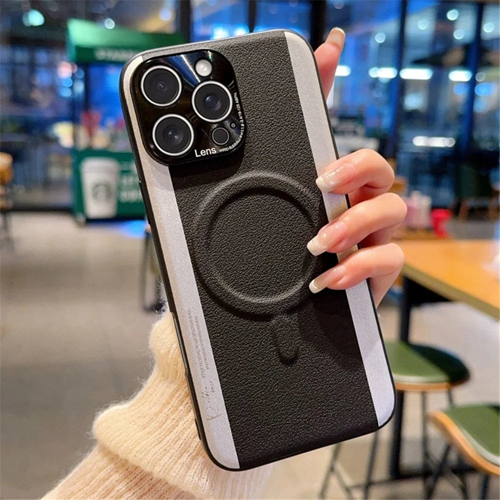 For iPhone 16 Pro Max Case Compatible with MagSafe Splicing Color PC + PU Leather Phone Back Cover - Black - 1