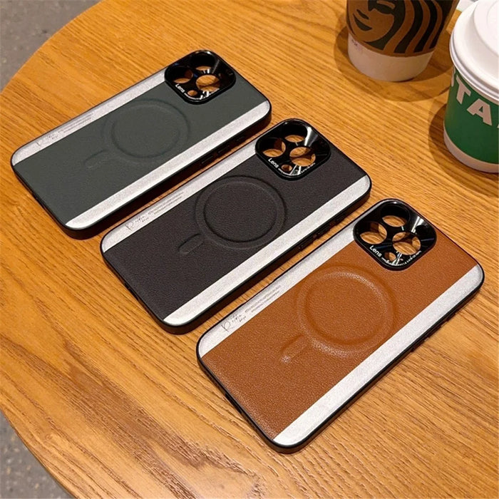 For iPhone 16 Pro Case Compatible with MagSafe Splicing Color PC + PU Leather Phone Back Cover - Black - 6