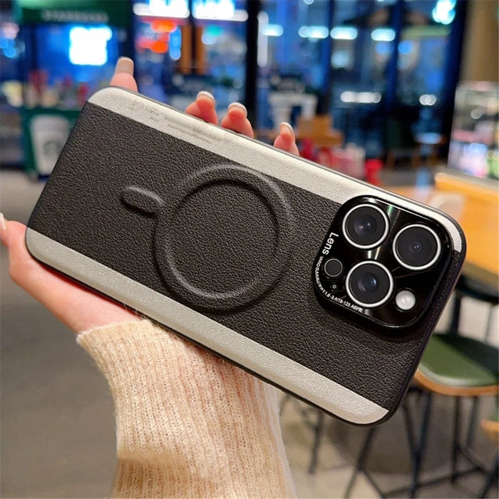 For iPhone 15 Pro Max Case Compatible with MagSafe Splicing Color PC + PU Leather Phone Back Cover - Black - 4
