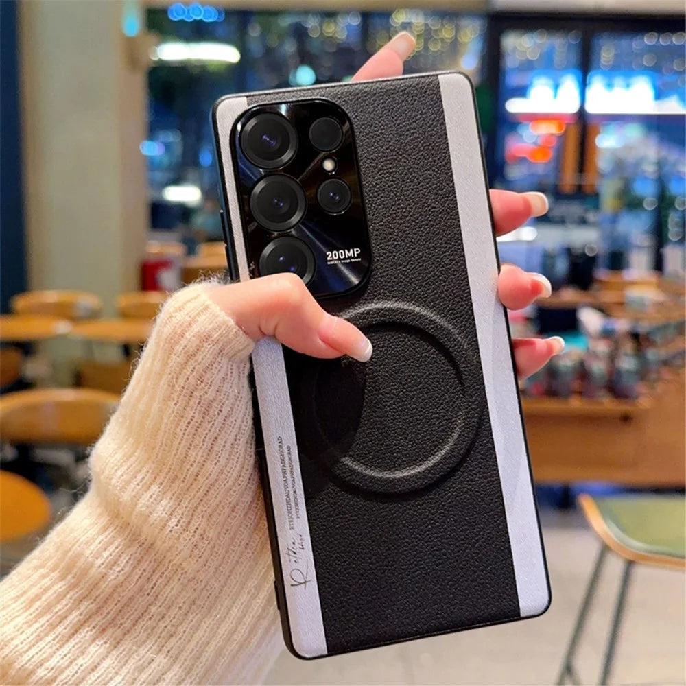 For Samsung Galaxy S25 Ultra Magnetic Case Splicing Color PC + PU Leather Phone Back Cover - Black - 2