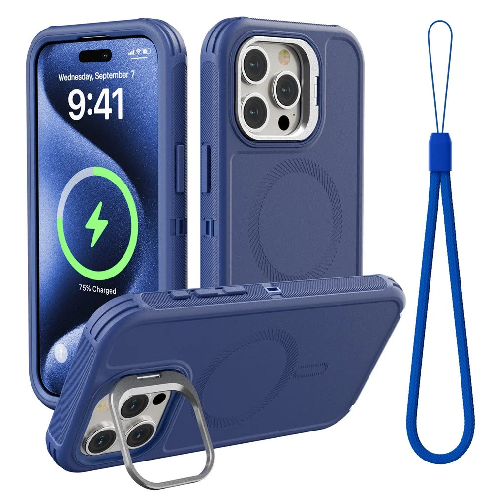 For iPhone 15 Pro Max Magnetic Case Lens Kickstand 3 in 1 Detachable TPU + PC Phone Back Cover with Lanyard - Dark Blue - 1