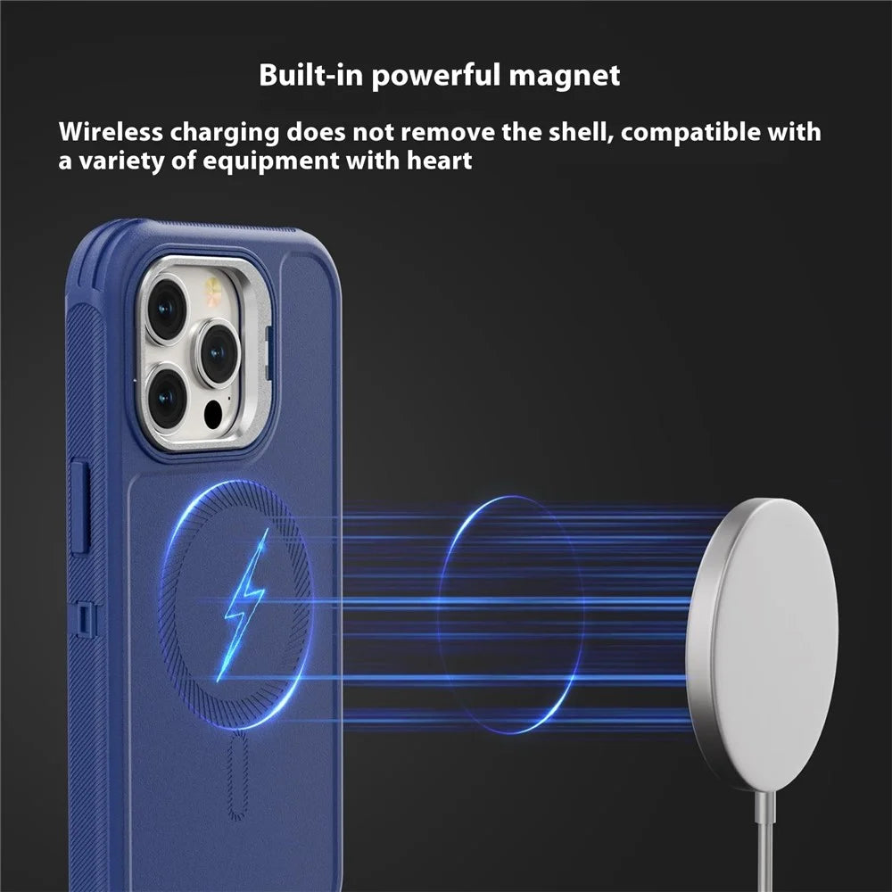 For iPhone 15 Pro Max Magnetic Case Lens Kickstand 3 in 1 Detachable TPU + PC Phone Back Cover with Lanyard - Dark Blue - 3