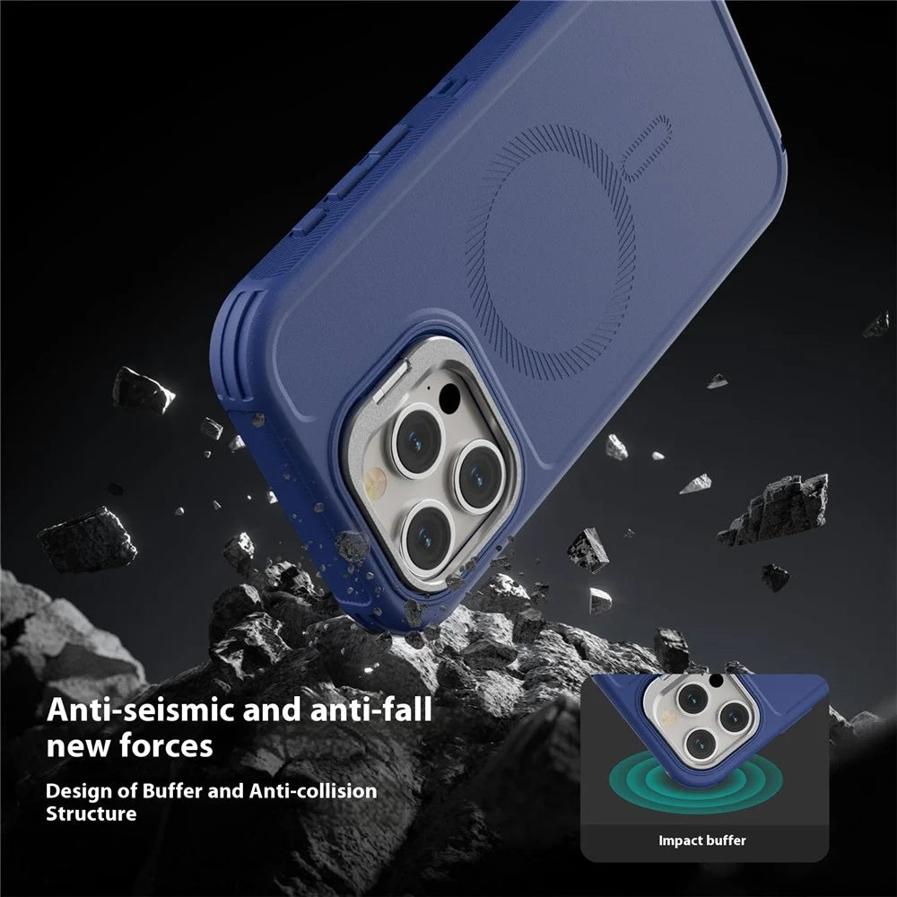 For iPhone 15 Pro Max Magnetic Case Lens Kickstand 3 in 1 Detachable TPU + PC Phone Back Cover with Lanyard - Dark Blue - 4